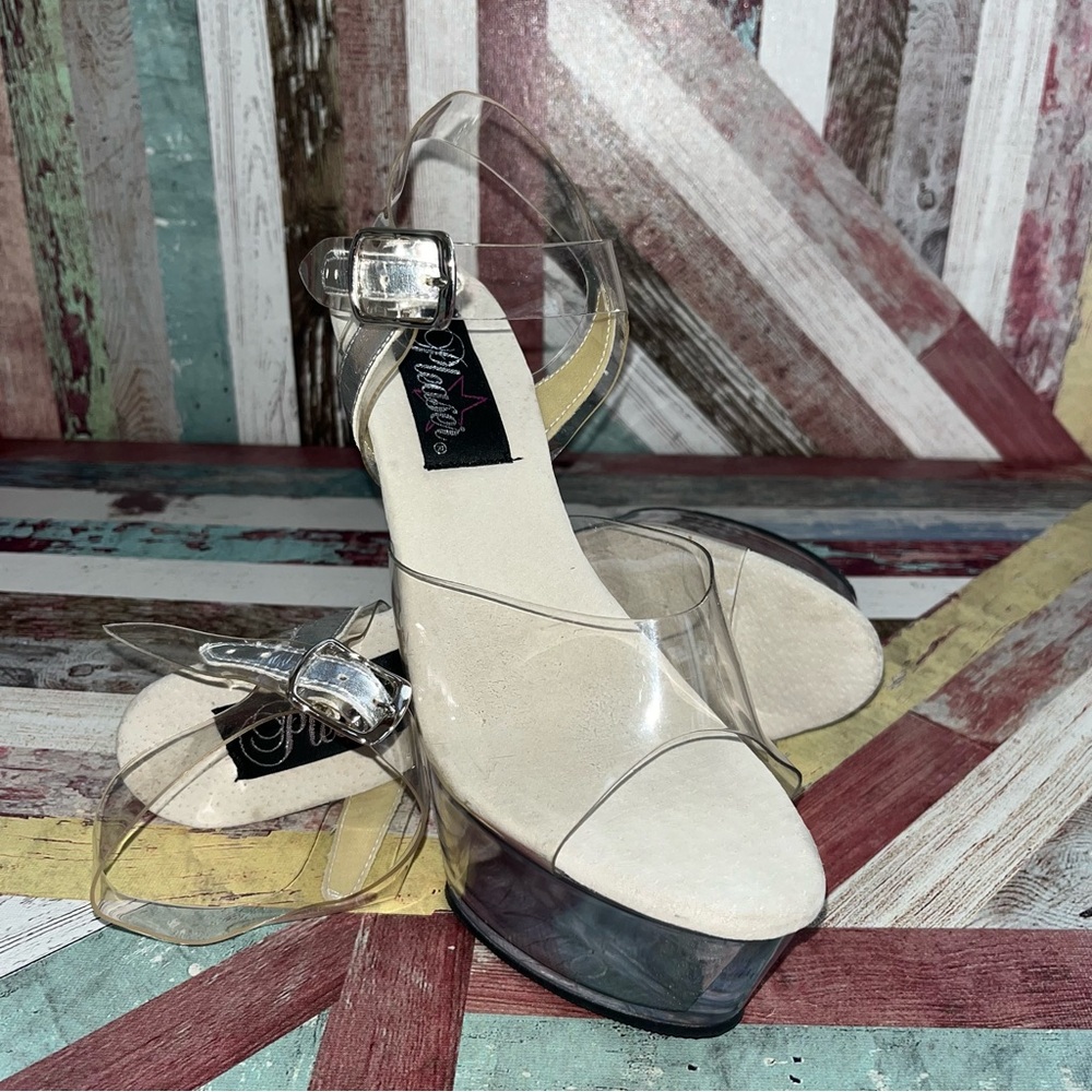 Pleaser Clear Peep Toe High Heels Ankle Strap Silver Highlights NEW Stripper 7